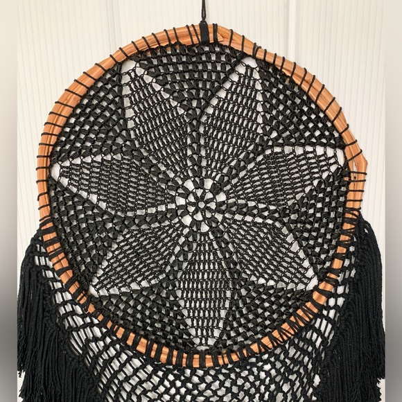 Black Macrame / Crocheted Dream Catcher With Wooden Grapevine Hoop - Hand Made - Picture 4 of 11